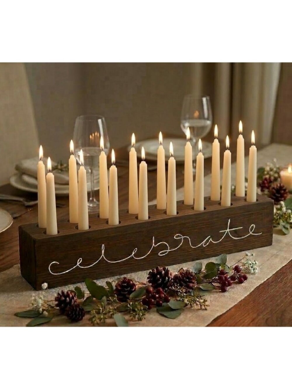 Celebrate Wooden Taper Candle Holder Centerpiece - 16 Hole Script Block - 16" Lo